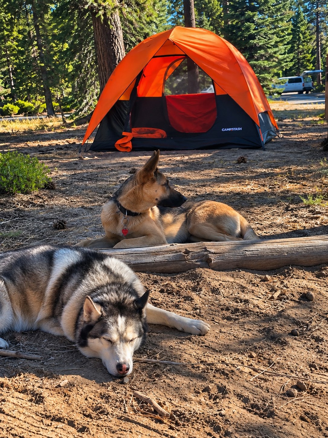 Campstash Tent at a California campsite with two dogs nearby