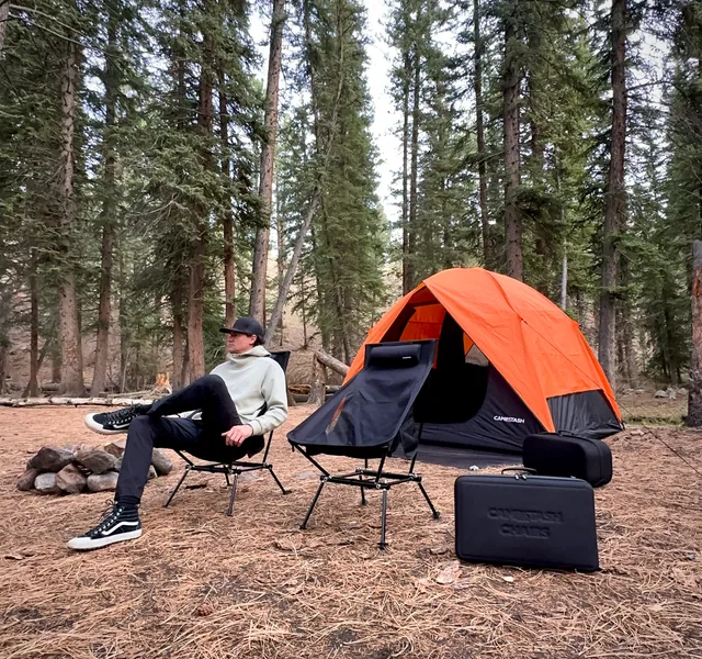 Campstash chairs in use beside the Campstash Tent